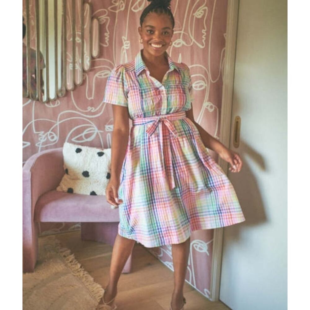 Oh Joy x The Odells Maria Plaid Dress Medium Pink Rainbow Belted Pockets
